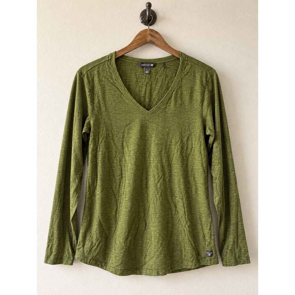 Toad&Co V-Neck Long Sleeve Organic Cotton Slub Knit T Olive Green Heather Size L